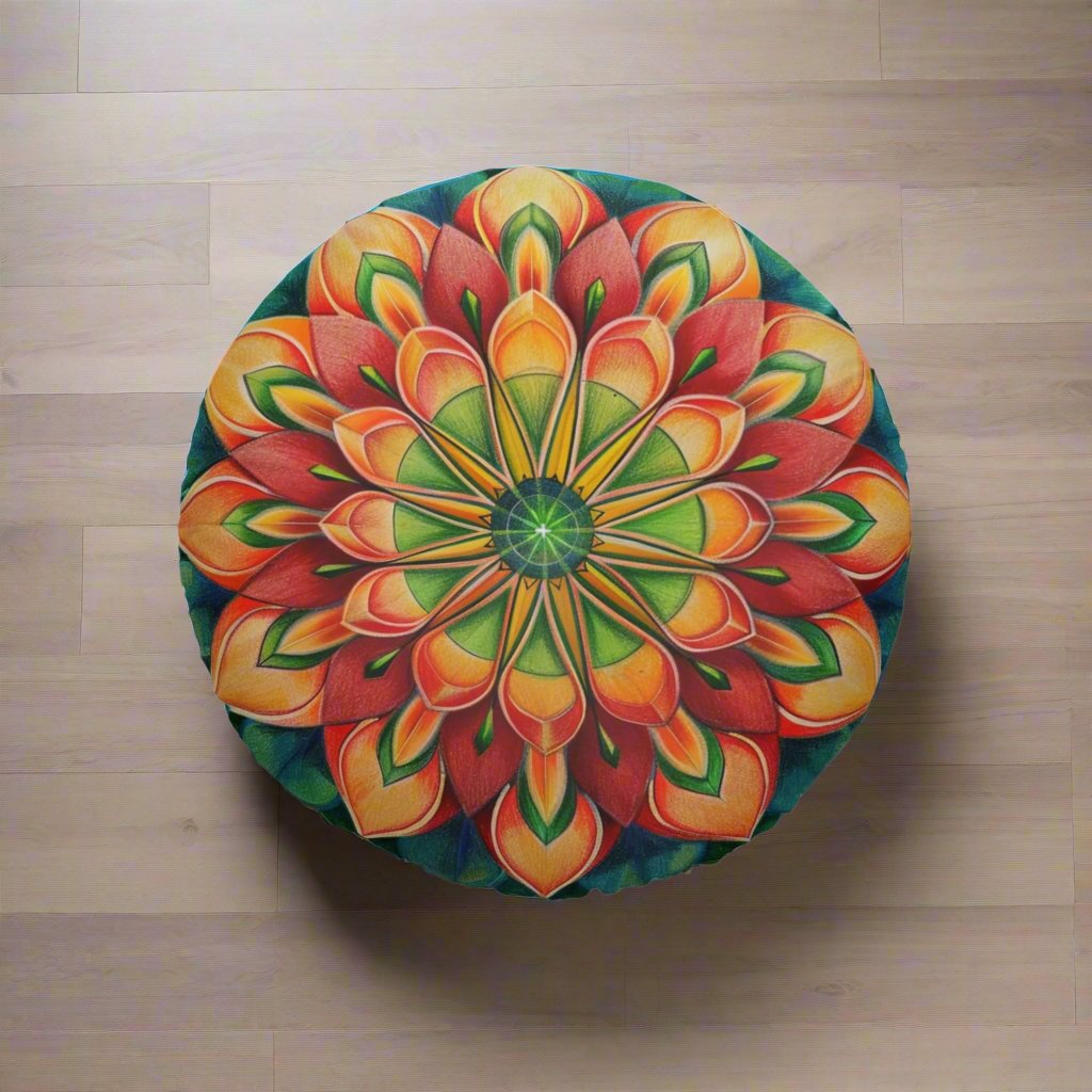 Mandala Art Floor Cushion Green Red - Tufted Floor Pillow, Round - Blululi