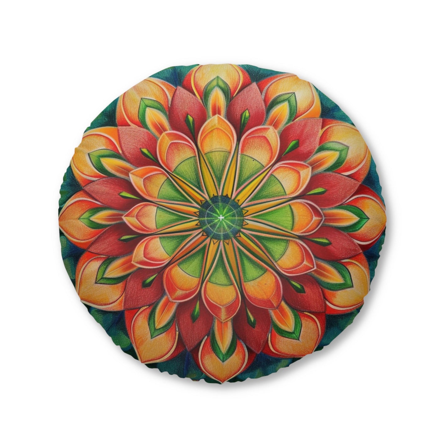 Mandala Art Floor Cushion Green Red - Tufted Floor Pillow, Round - Blululi