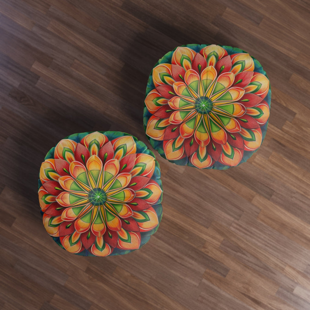 Mandala Art Floor Cushion Green Red - Tufted Floor Pillow, Round - Blululi