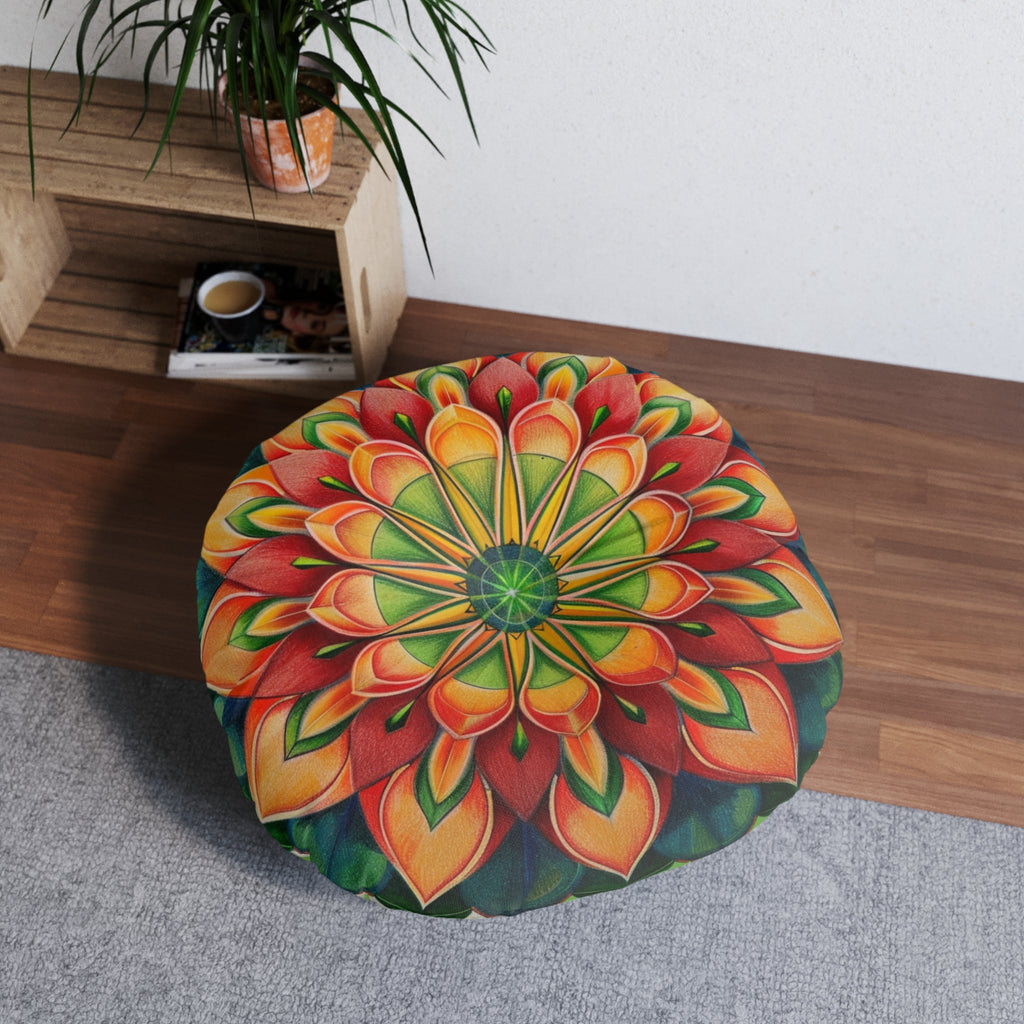 Mandala Art Floor Cushion Green Red - Tufted Floor Pillow, Round - Blululi