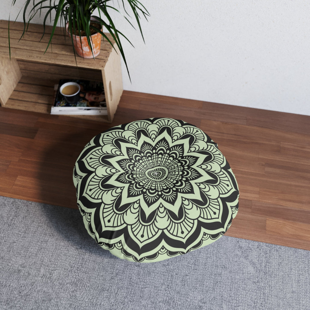 Mandala Art Floor Cushion Light Teal - Tufted Floor Pillow, Round - Blululi