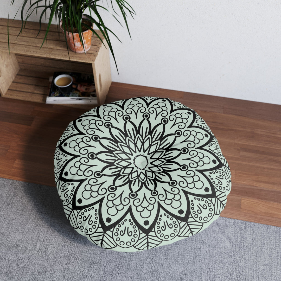 Mandala Art Floor Cushion Light Teal - Tufted Floor Pillow, Round - Blululi