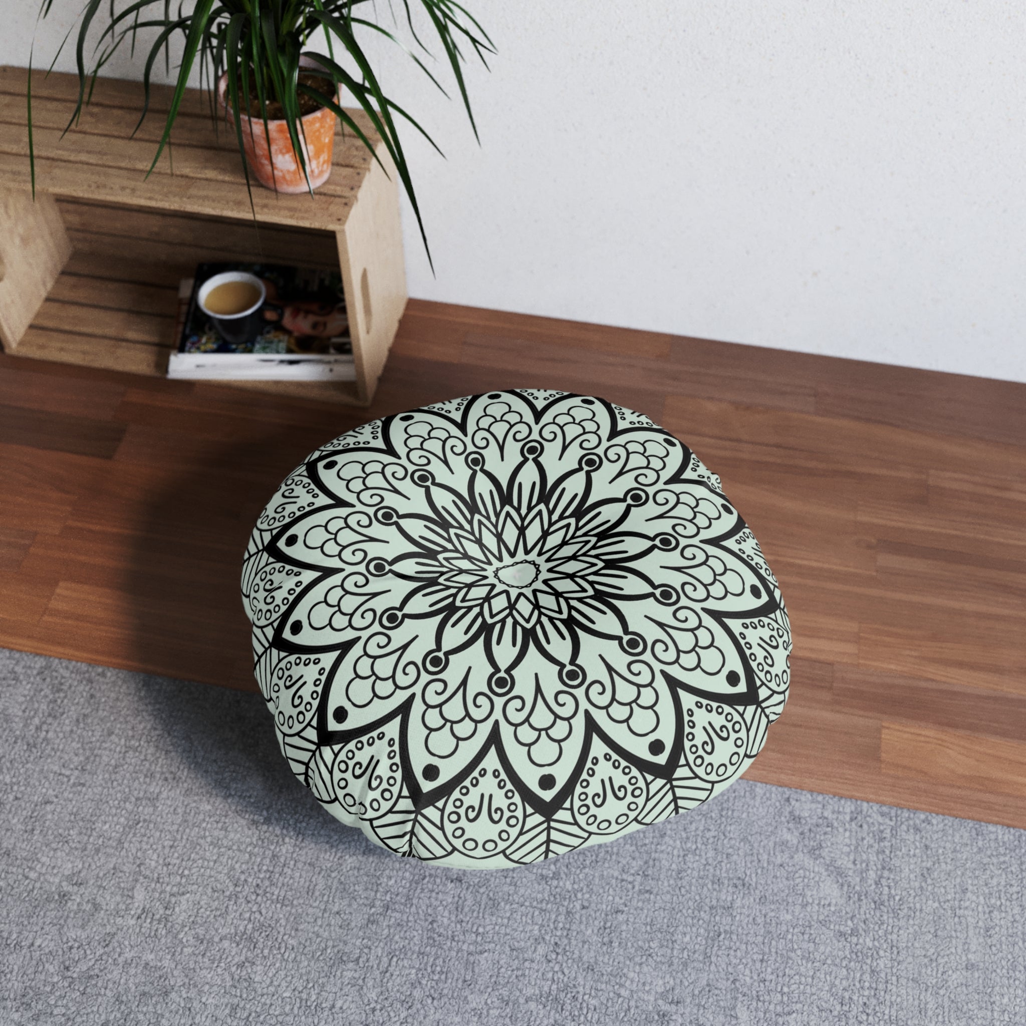 Mandala Art Floor Cushion Light Teal - Tufted Floor Pillow, Round - Blululi