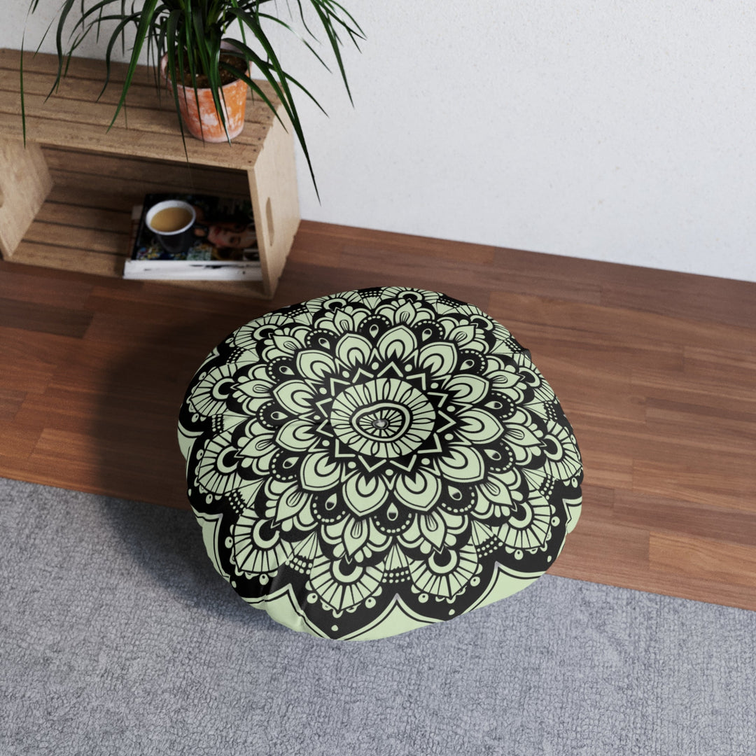 Mandala Art Floor Cushion Light Teal - Tufted Floor Pillow, Round - Blululi