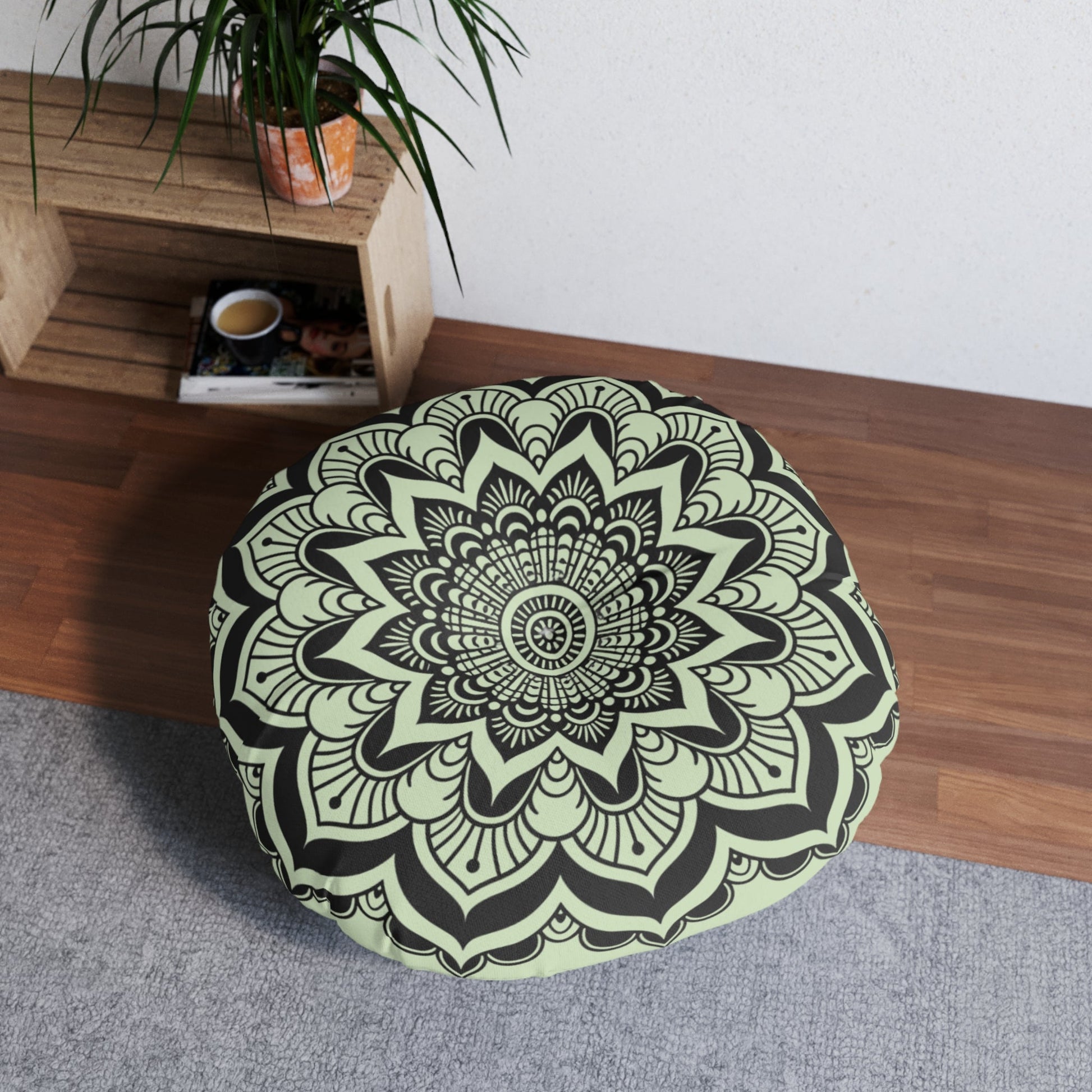 Mandala Art Floor Cushion Light Teal - Tufted Floor Pillow, Round - Blululi