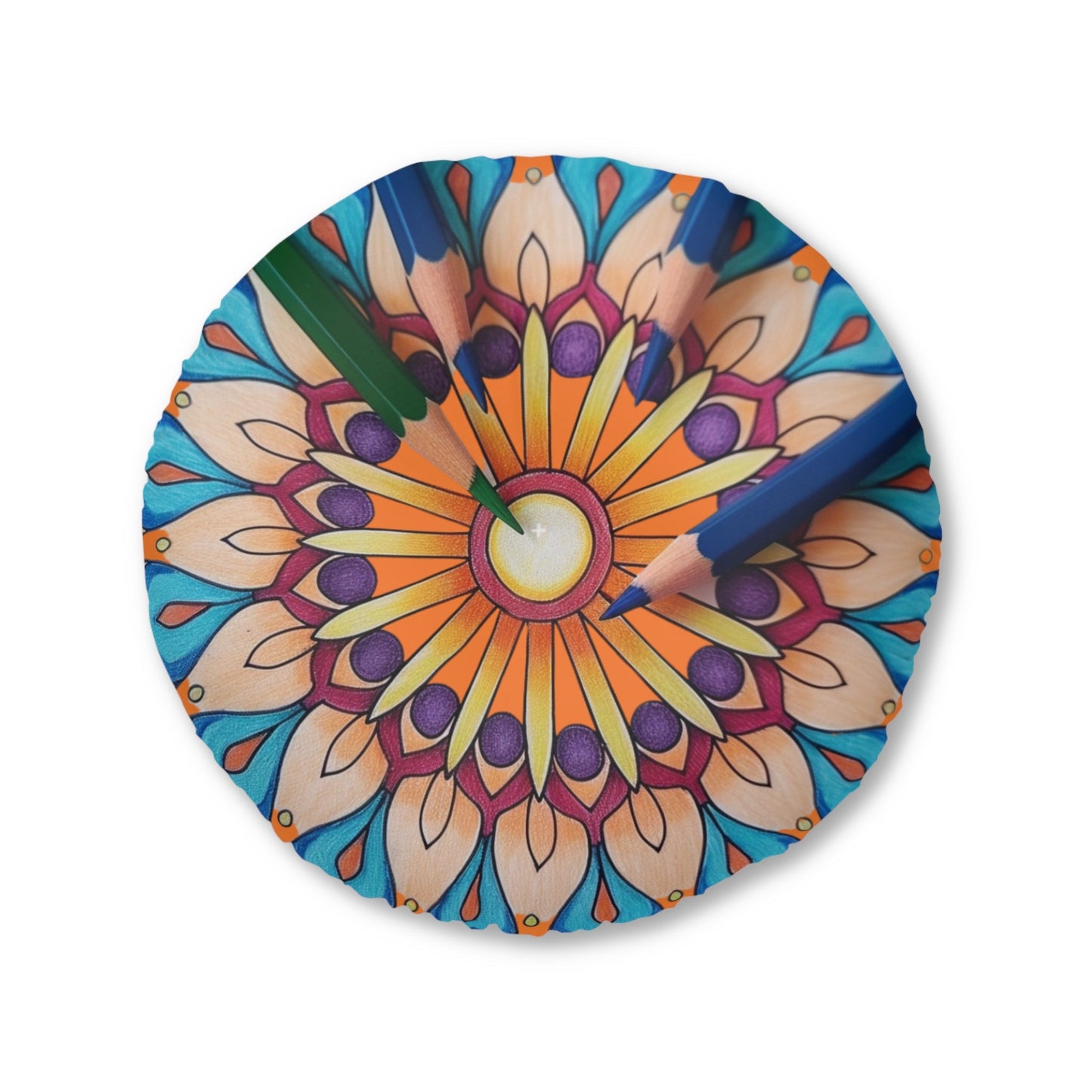 Mandala Art Floor Cushion Pencils - Tufted Floor Pillow, Round - Blululi