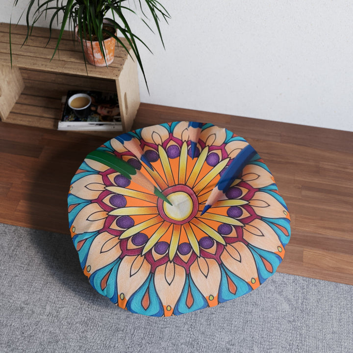 Mandala Art Floor Cushion Pencils - Tufted Floor Pillow, Round - Blululi