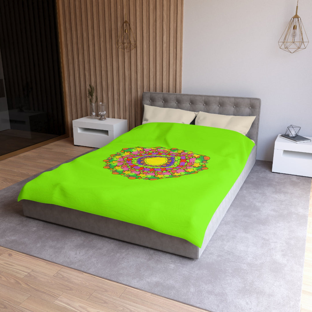 Mandala Duvet Cover for Kids' Bed - Hand - drawn Stars and Spirals - Vibrant Green - Fun and Colorful Spring Flower Design - Blululi