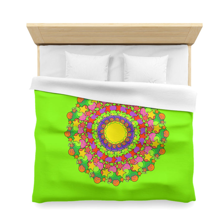 Mandala Duvet Cover for Kids' Bed - Hand - drawn Stars and Spirals - Vibrant Green - Fun and Colorful Spring Flower Design - Blululi