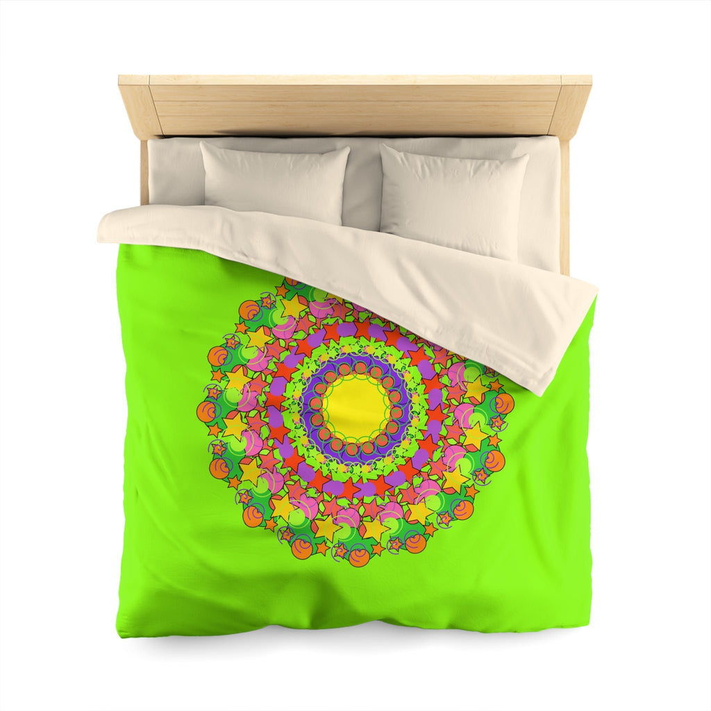 Mandala Duvet Cover for Kids' Bed - Hand - drawn Stars and Spirals - Vibrant Green - Fun and Colorful Spring Flower Design - Blululi