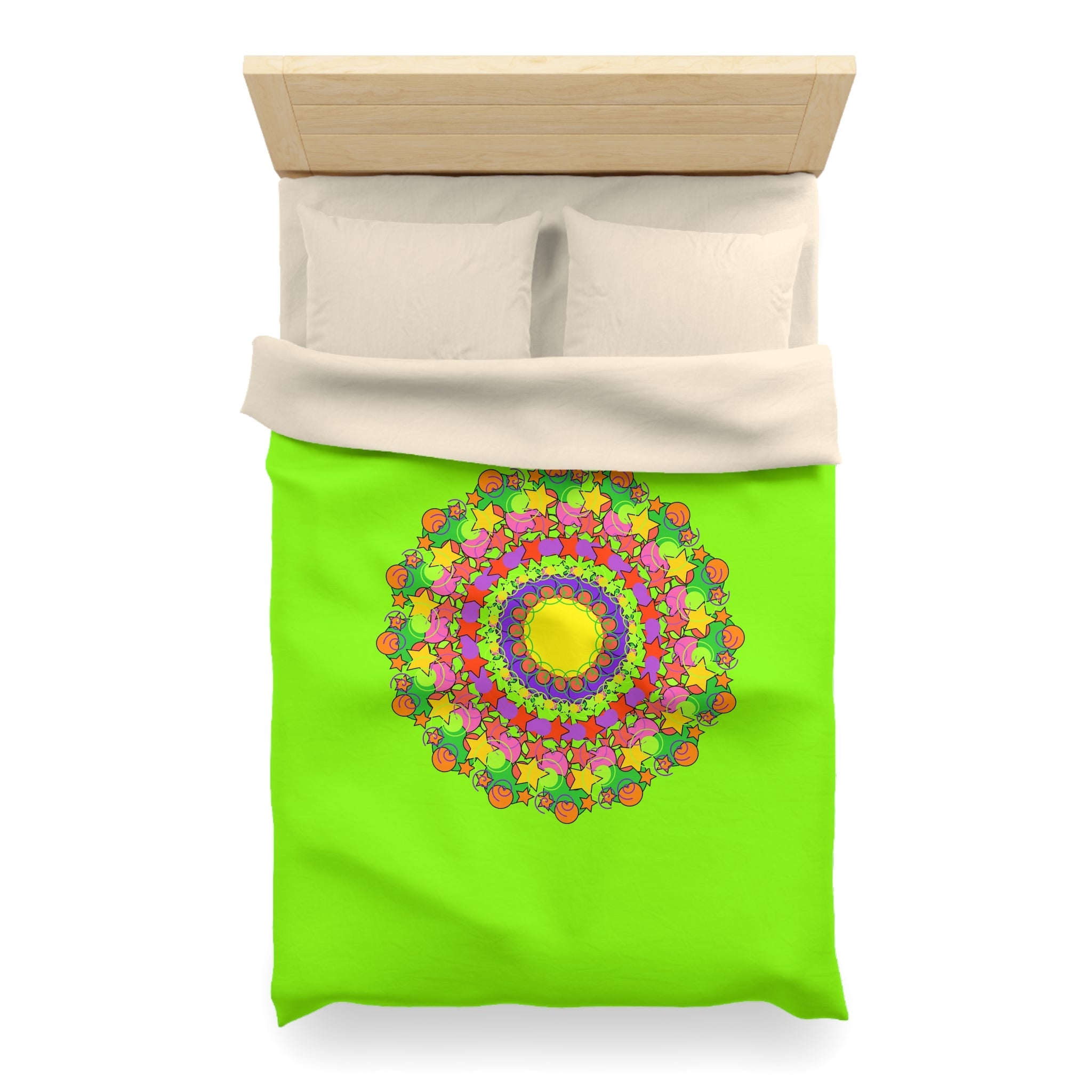 Mandala Duvet Cover for Kids' Bed - Hand - drawn Stars and Spirals - Vibrant Green - Fun and Colorful Spring Flower Design - Blululi