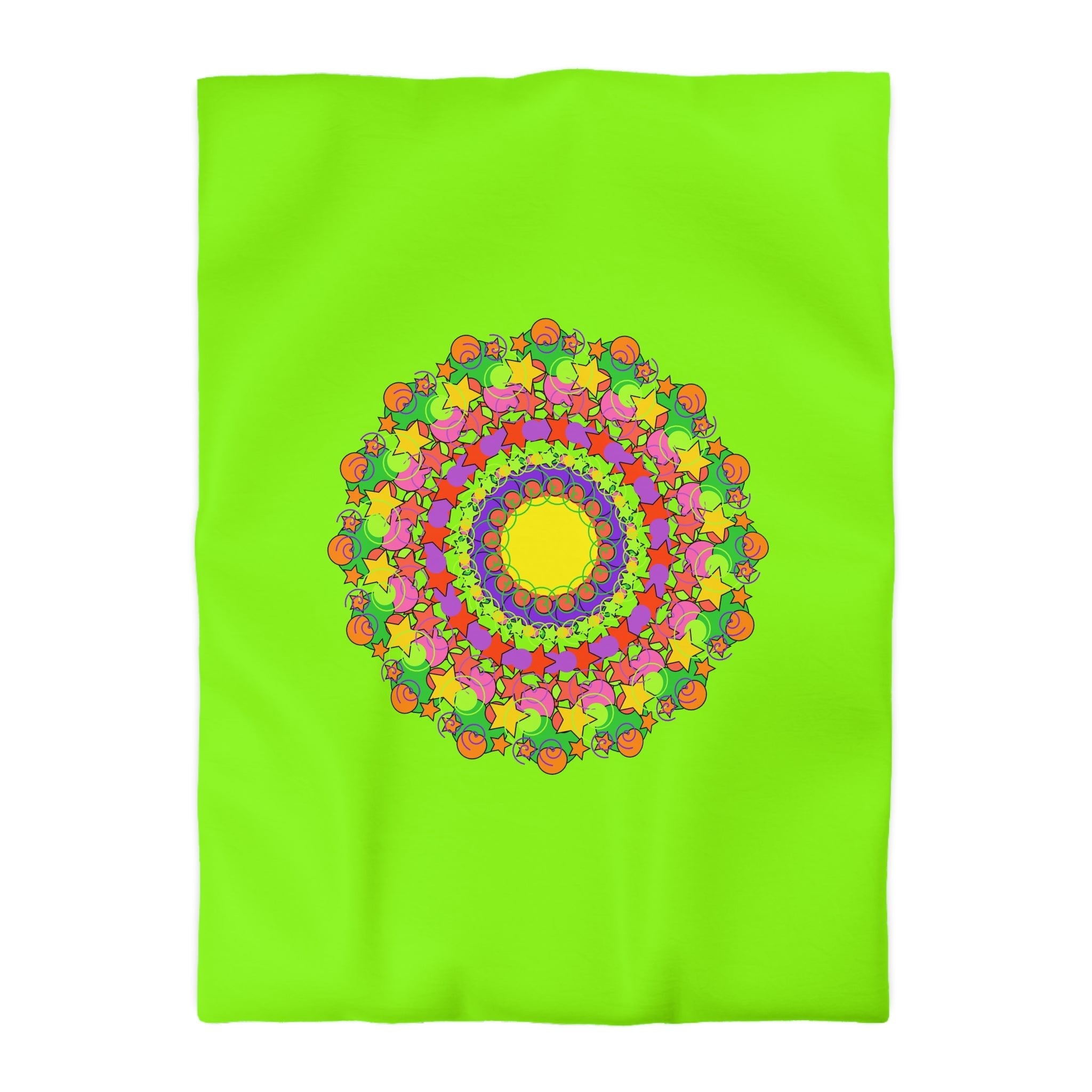 Mandala Duvet Cover for Kids' Bed - Hand - drawn Stars and Spirals - Vibrant Green - Fun and Colorful Spring Flower Design - Blululi