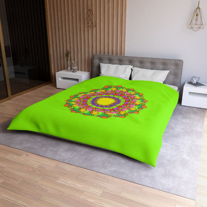 Mandala Duvet Cover for Kids' Bed - Hand - drawn Stars and Spirals - Vibrant Green - Fun and Colorful Spring Flower Design - Blululi