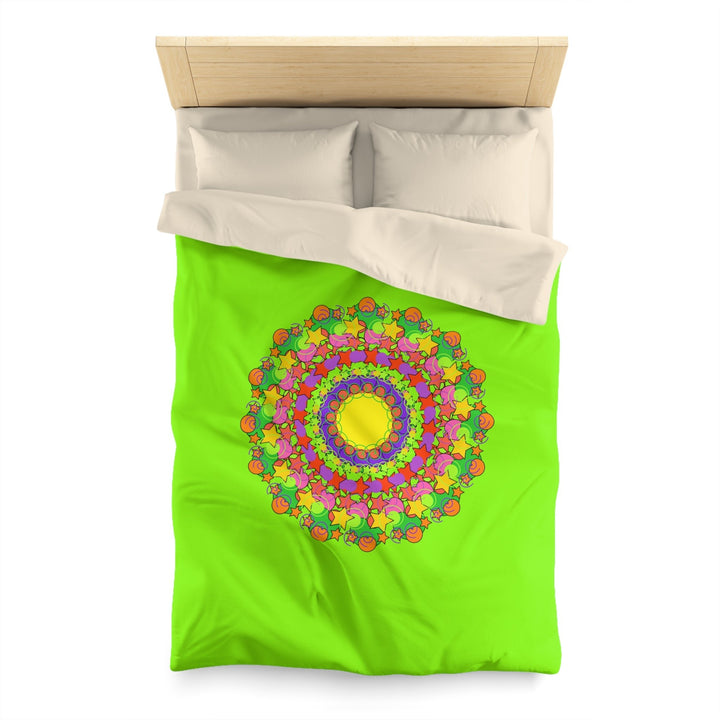 Mandala Duvet Cover for Kids' Bed - Hand - drawn Stars and Spirals - Vibrant Green - Fun and Colorful Spring Flower Design - Blululi