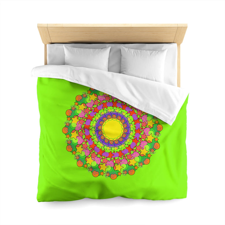 Mandala Duvet Cover for Kids' Bed - Hand - drawn Stars and Spirals - Vibrant Green - Fun and Colorful Spring Flower Design - Blululi