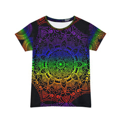 Mandala Handmade Rainbow Design - Black background - Women's Short Sleeve Shirt (AOP) - Blululi