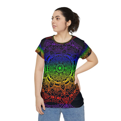 Mandala Handmade Rainbow Design - Black background - Women's Short Sleeve Shirt (AOP) - Blululi