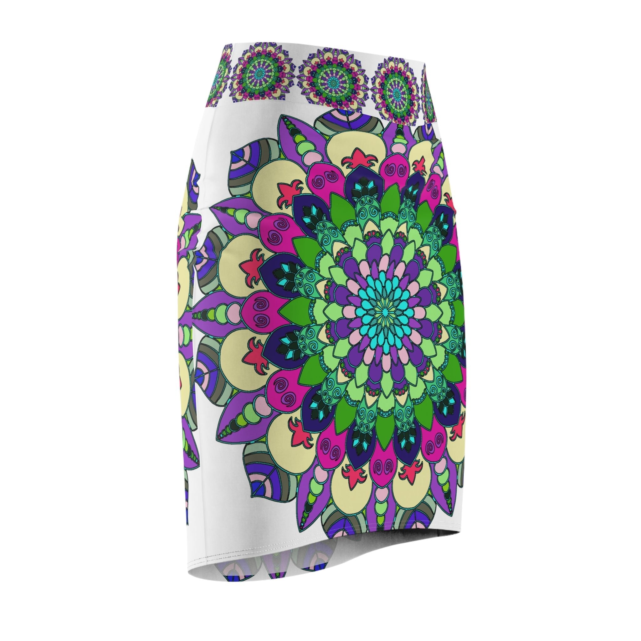 Mandala Pencil Skirt - Light Purple, Azure & Iridescent All Over Prints - Blululi