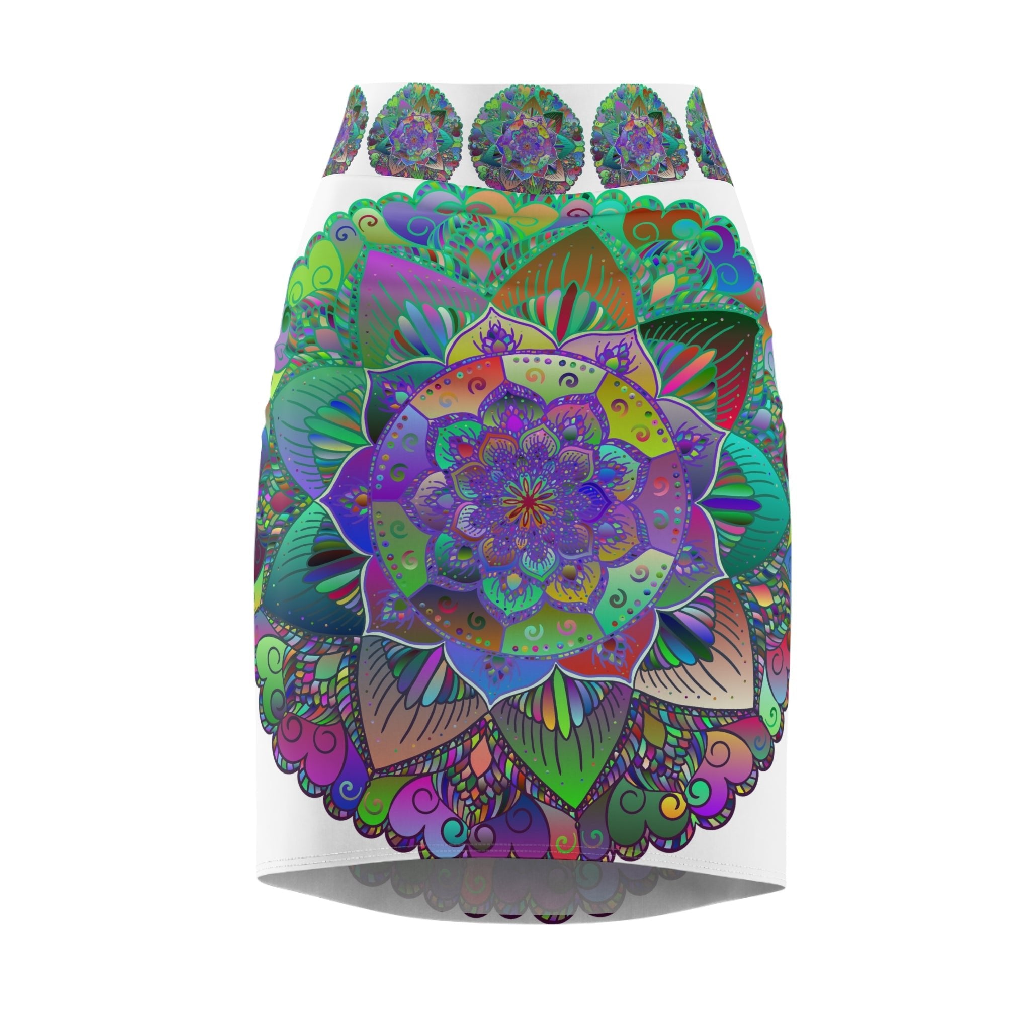 Mandala Pencil Skirt - Light Purple, Azure & Iridescent All Over Prints - Blululi