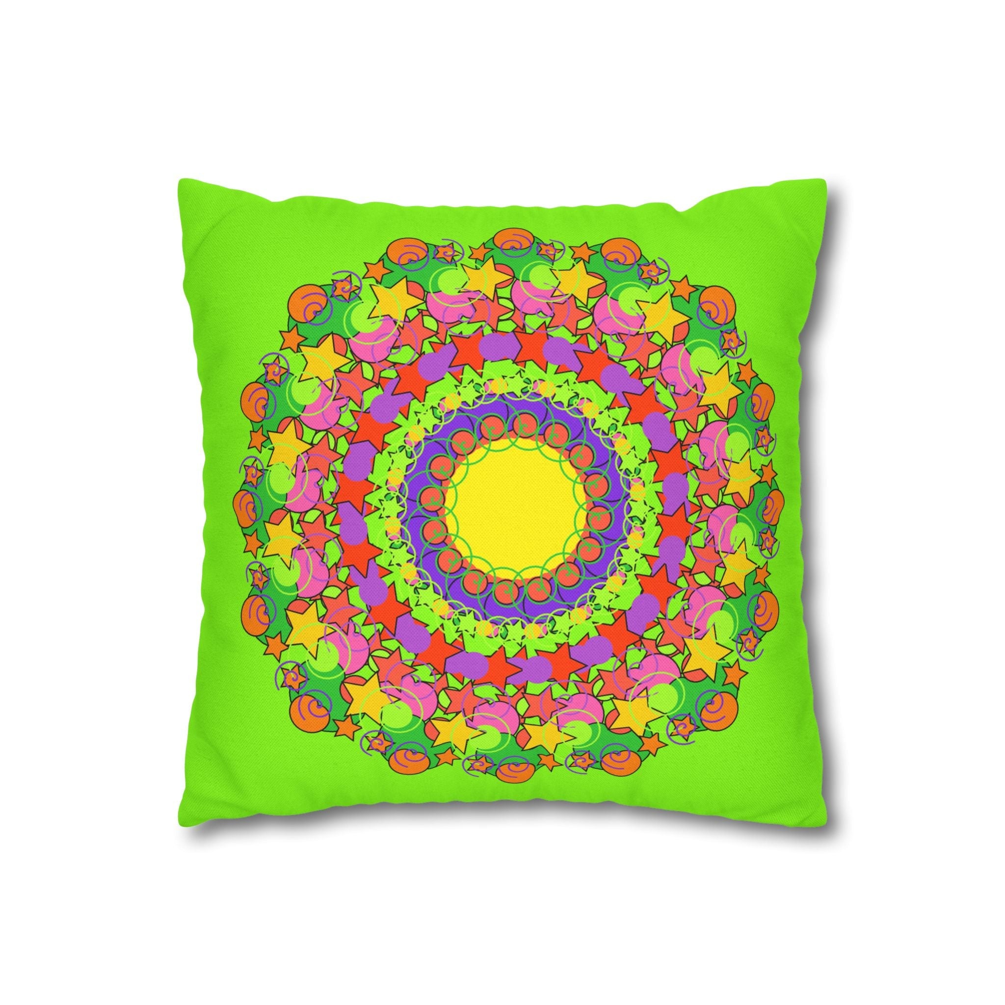 Mandala Pillowcase for Kids' Bed - Hand - drawn Stars and Spirals - Vibrant Green - Fun and Colorful Spring Flower Design - Blululi