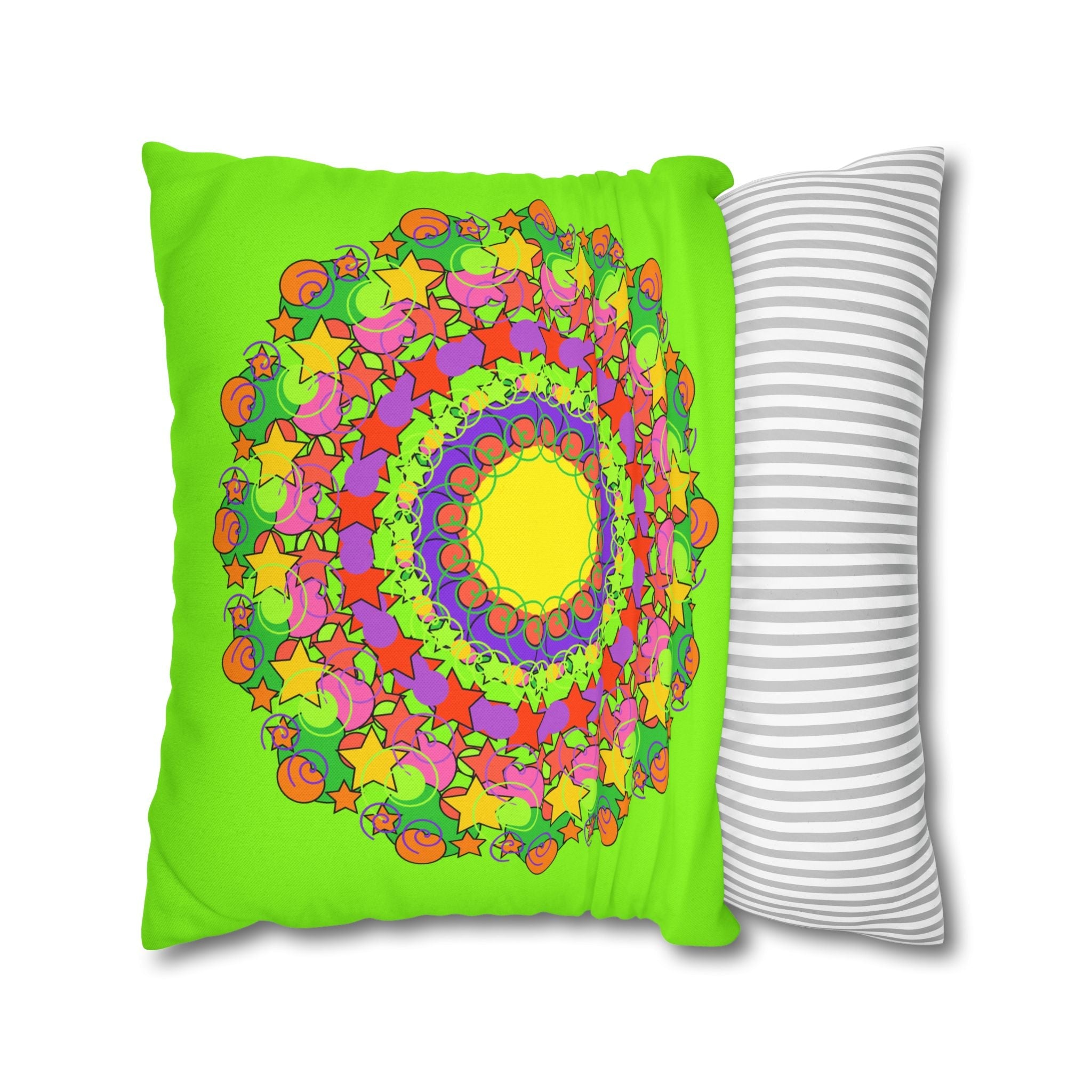 Mandala Pillowcase for Kids' Bed - Hand - drawn Stars and Spirals - Vibrant Green - Fun and Colorful Spring Flower Design - Blululi