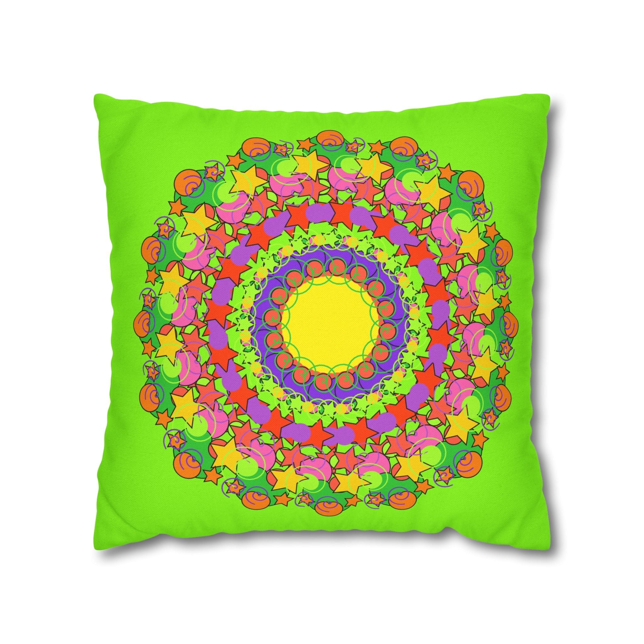 Mandala Pillowcase for Kids' Bed - Hand - drawn Stars and Spirals - Vibrant Green - Fun and Colorful Spring Flower Design - Blululi