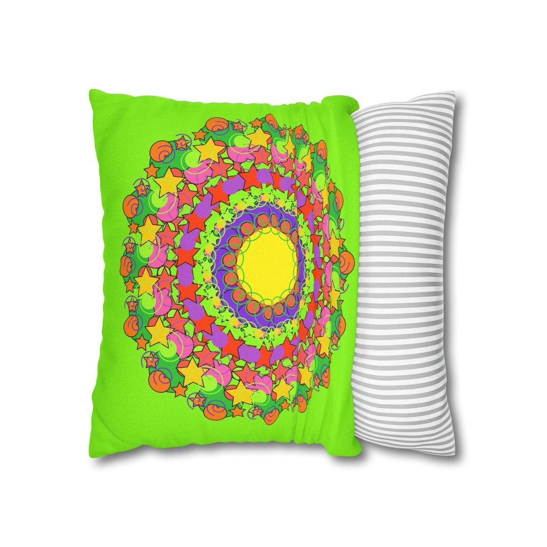 Mandala Pillowcase for Kids' Bed - Hand - drawn Stars and Spirals - Vibrant Green - Fun and Colorful Spring Flower Design - Blululi