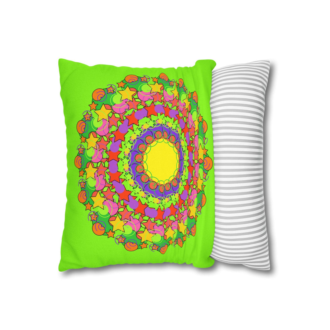 Mandala Pillowcase for Kids' Bed - Hand - drawn Stars and Spirals - Vibrant Green - Fun and Colorful Spring Flower Design - Blululi