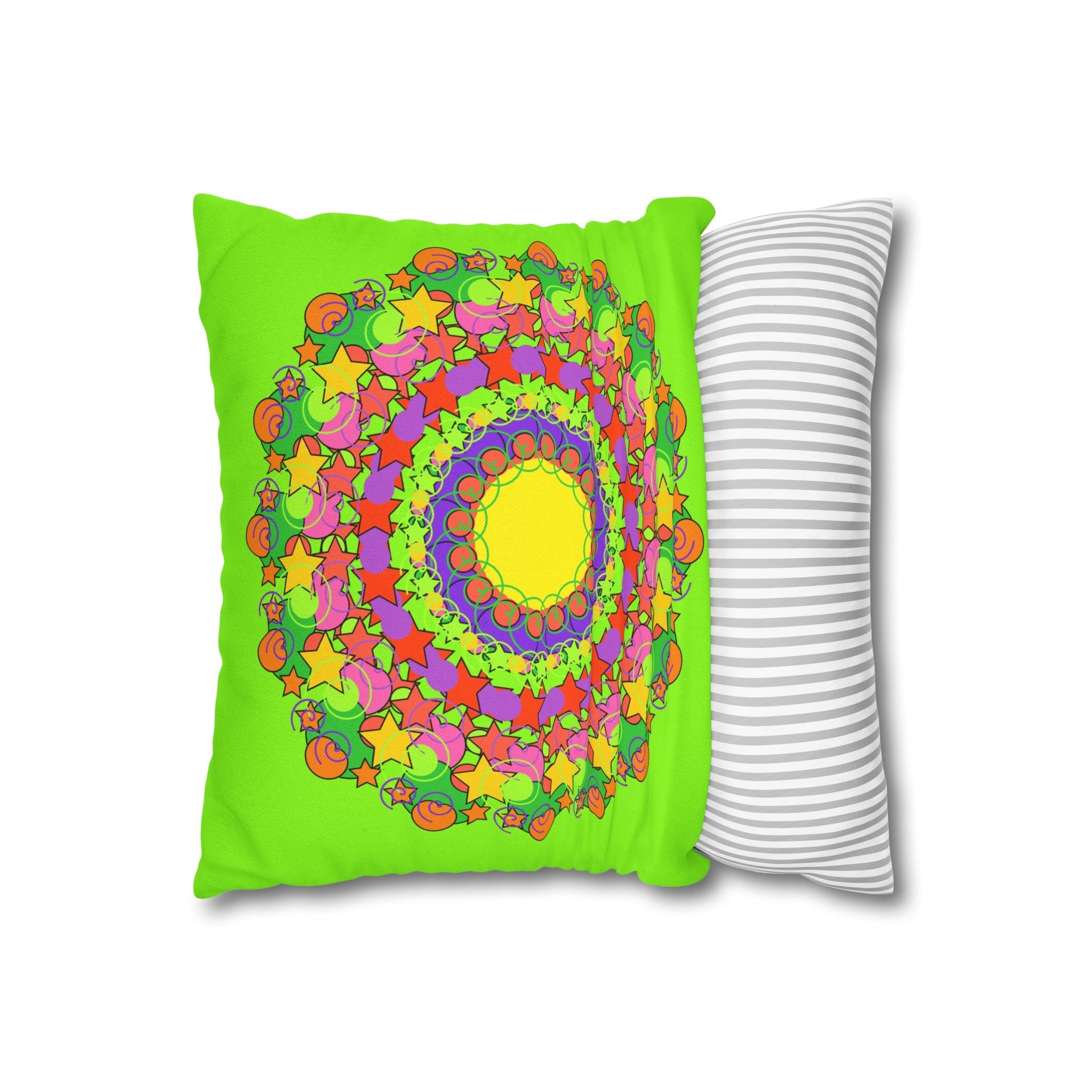 Mandala Pillowcase for Kids' Bed - Hand - drawn Stars and Spirals - Vibrant Green - Fun and Colorful Spring Flower Design - Blululi