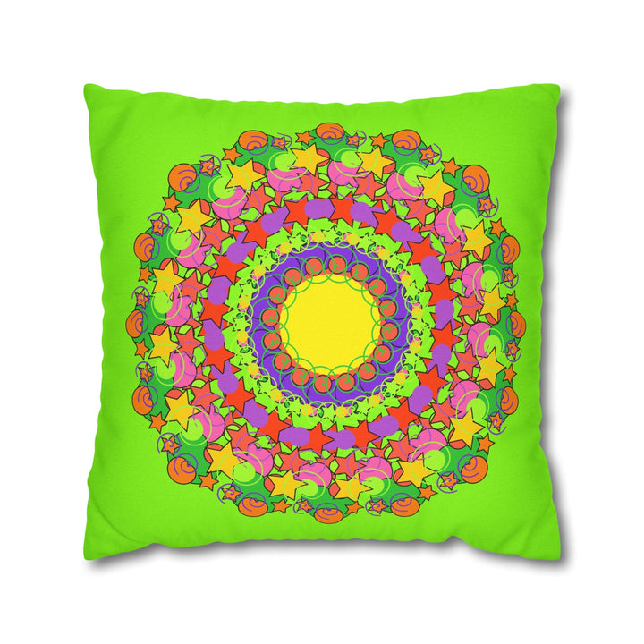 Mandala Pillowcase for Kids' Bed - Hand - drawn Stars and Spirals - Vibrant Green - Fun and Colorful Spring Flower Design - Blululi