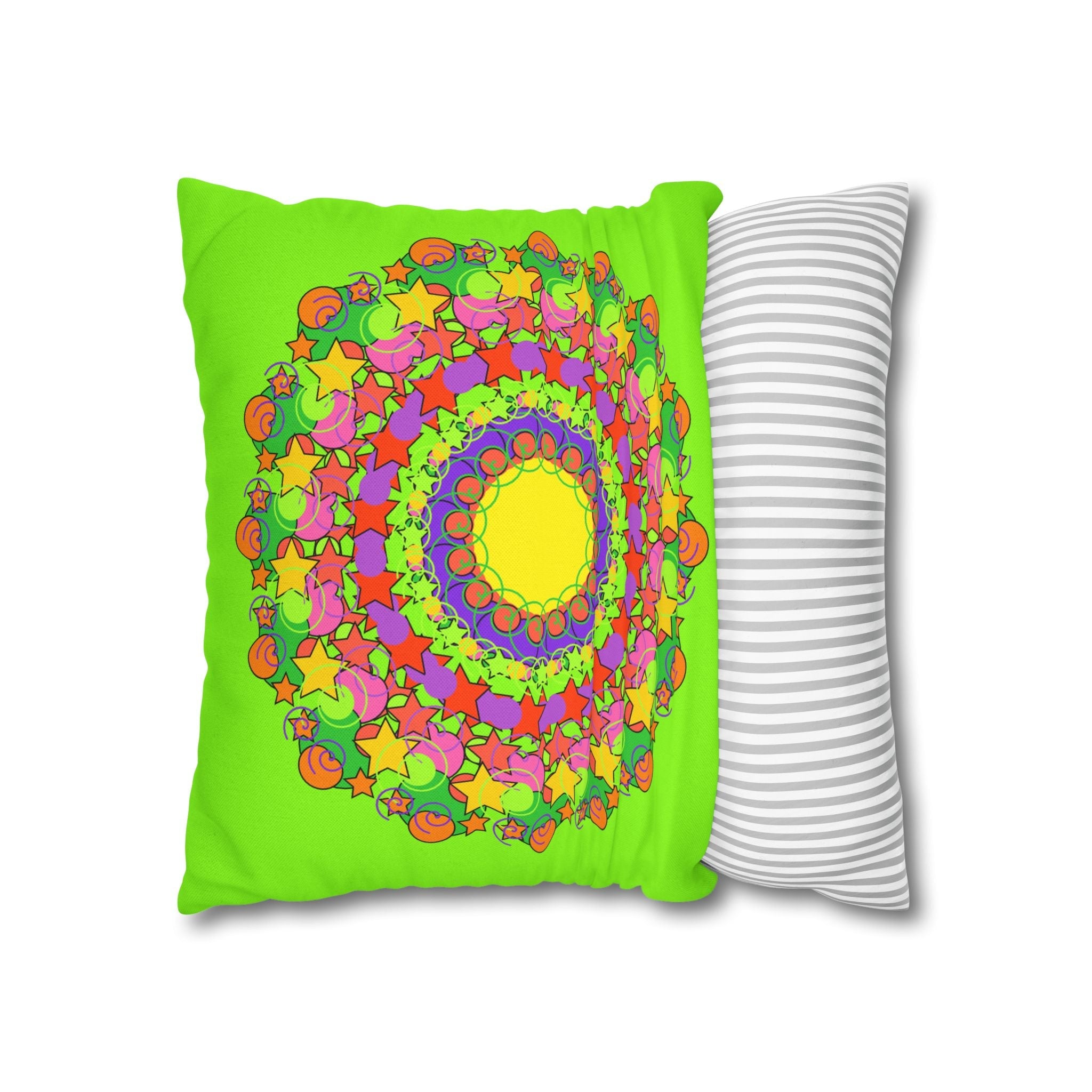 Mandala Pillowcase for Kids' Bed - Hand - drawn Stars and Spirals - Vibrant Green - Fun and Colorful Spring Flower Design - Blululi