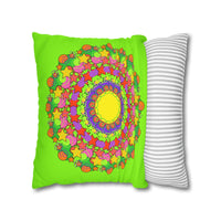 Mandala Pillowcase for Kids' Bed - Hand - drawn Stars and Spirals - Vibrant Green - Fun and Colorful Spring Flower Design - Blululi