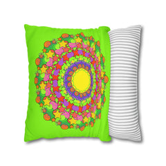 Mandala Pillowcase for Kids' Bed - Hand - drawn Stars and Spirals - Vibrant Green - Fun and Colorful Spring Flower Design - Blululi
