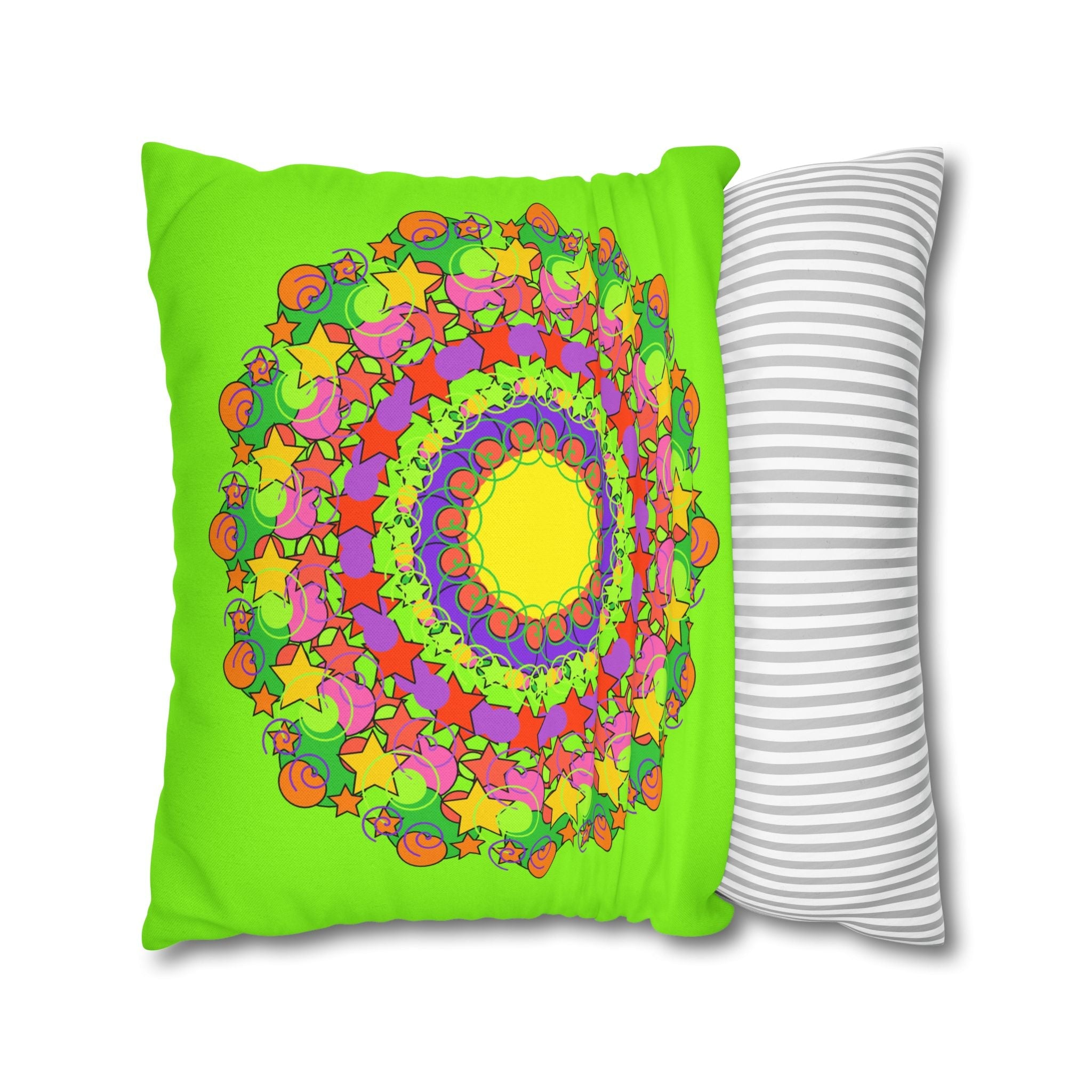 Mandala Pillowcase for Kids' Bed - Hand - drawn Stars and Spirals - Vibrant Green - Fun and Colorful Spring Flower Design - Blululi