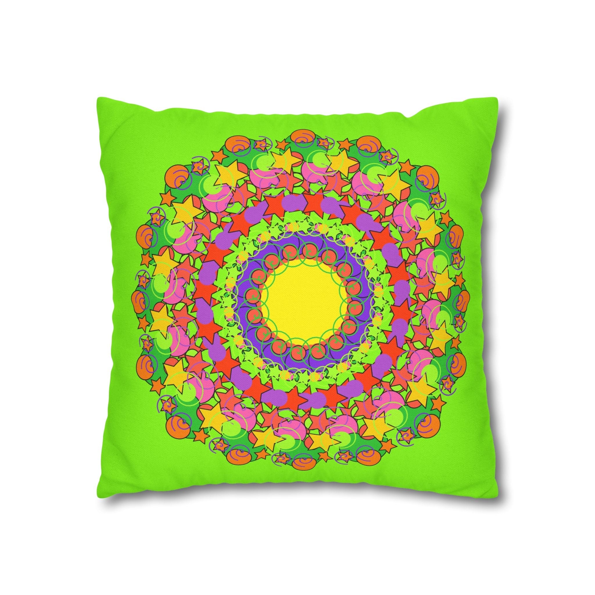 Mandala Pillowcase for Kids' Bed - Hand - drawn Stars and Spirals - Vibrant Green - Fun and Colorful Spring Flower Design - Blululi