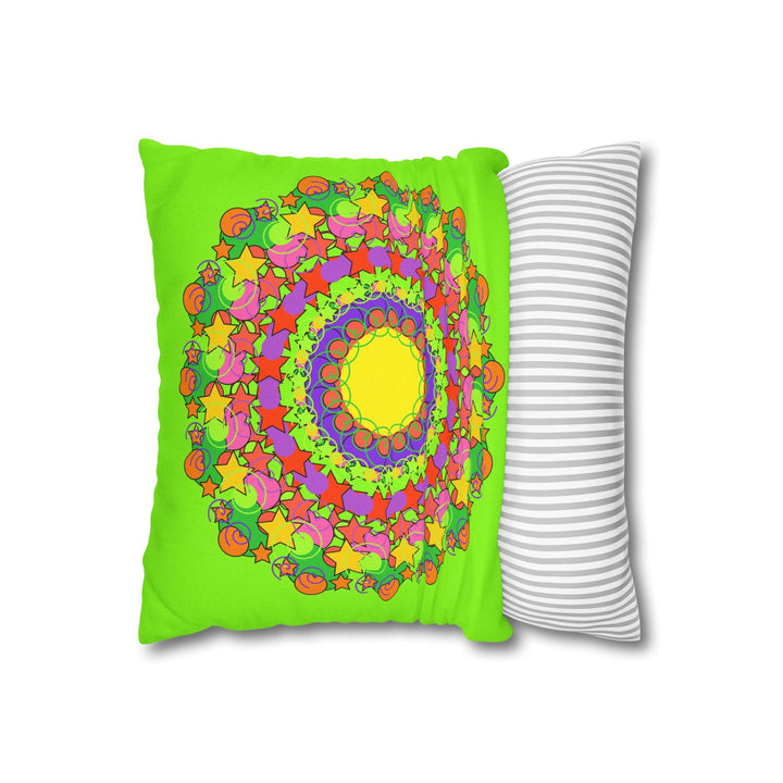 Mandala Pillowcase for Kids' Bed - Hand - drawn Stars and Spirals - Vibrant Green - Fun and Colorful Spring Flower Design - Blululi