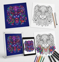 Dog designs colored and black and white coloring page. The dog design is printed on various mediums with art supplies.