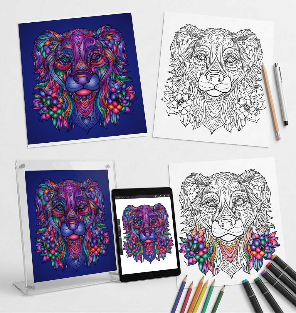 Dog designs colored and black and white coloring page. The dog design is printed on various mediums with art supplies.