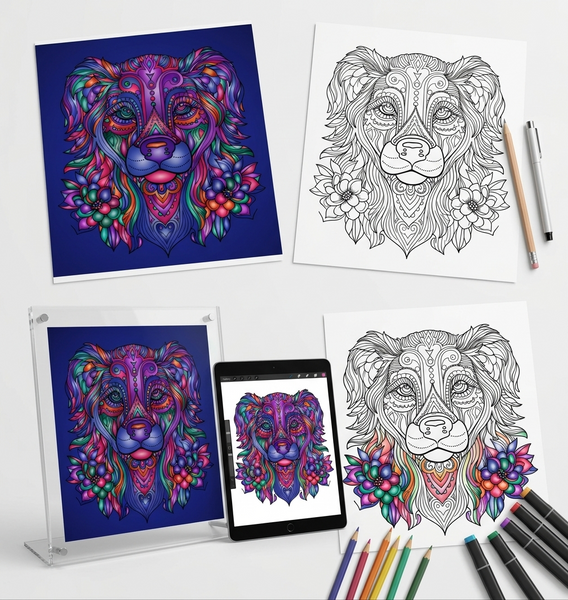 Dog designs colored and black and white coloring page. The dog design is printed on various mediums with art supplies.