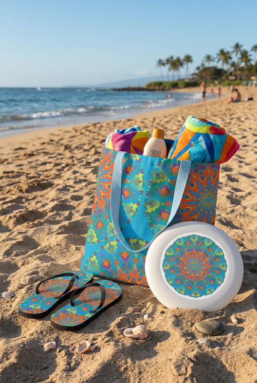 3-Piece Beach Set with Mandala Art Tote Bag, Flip Flops & Frisbee | Tropical Summer Bundle
