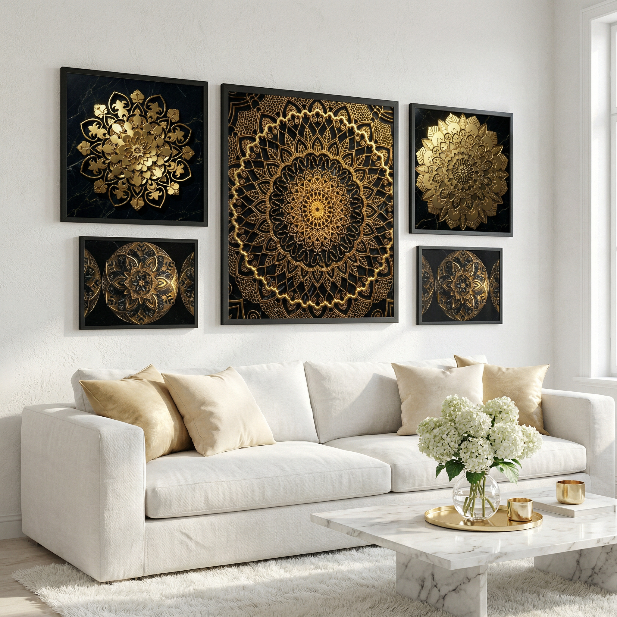 Decorative mandala wall art in gold and black on a white wall above a white sofa.