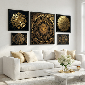 Decorative mandala wall art in gold and black on a white wall above a white sofa.