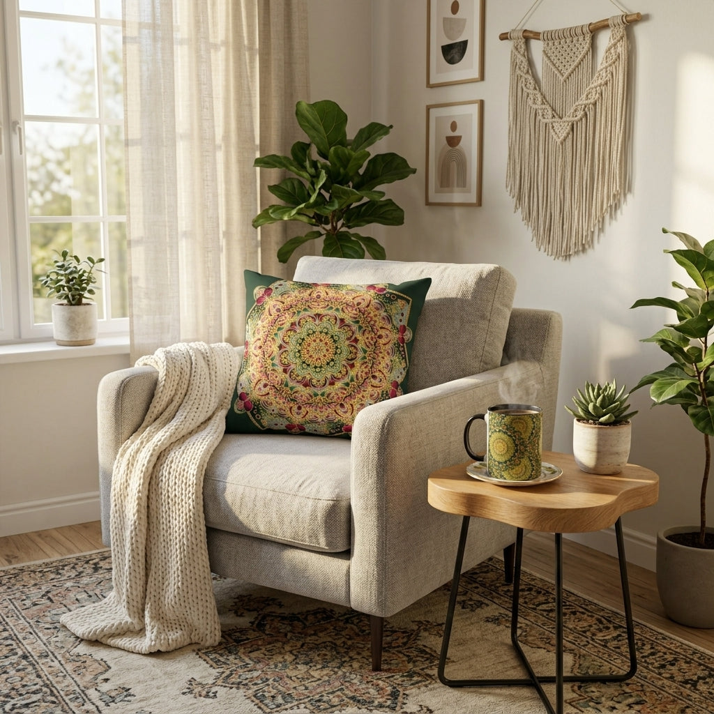 A cozy living room scene featuring a light beige armchair with a colorful mandala-patterned throw pillow and a cream knit blanket draped over the arm. A small round wooden side table sits beside the chair, holding a matching patterned mug.