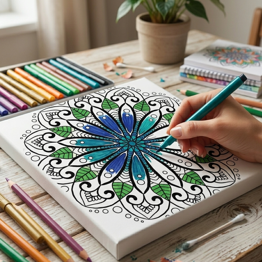 Person coloring a mandala design on a matte canvas with colored pencils on a wooden table.