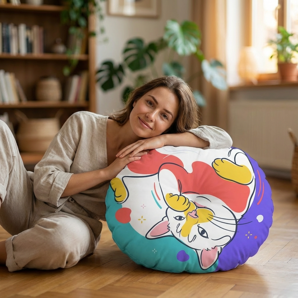 Round floor pillow in bright pink (#FF6B6B) with cropped belly-up cat line-art design; playful, cozy cat motif in vibrant colors, shown in a living room/lounge setting for a lifestyle close-up. 