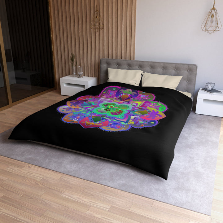 Microfiber Duvet Cover Mandala Art Drawn by Hand - Colorful Mandala on Black background - Blululi