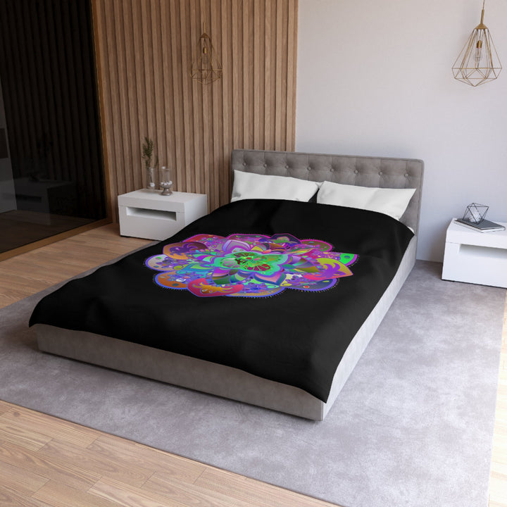 Microfiber Duvet Cover Mandala Art Drawn by Hand - Colorful Mandala on Black background - Blululi