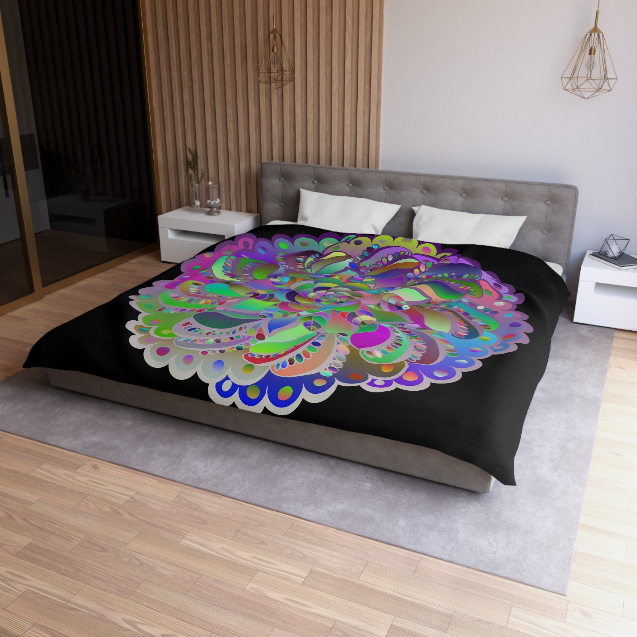 Microfiber Duvet Cover Mandala Art Drawn by Hand - Colorful Mandala on Black background - Blululi