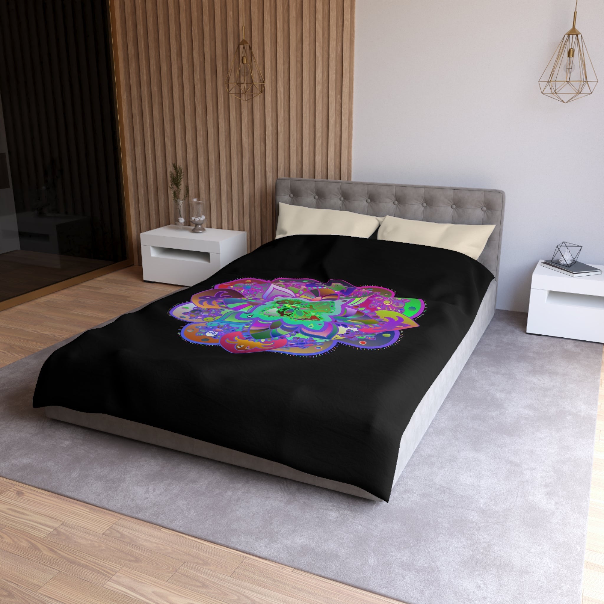 Microfiber Duvet Cover Mandala Art Drawn by Hand - Colorful Mandala on Black background - Blululi