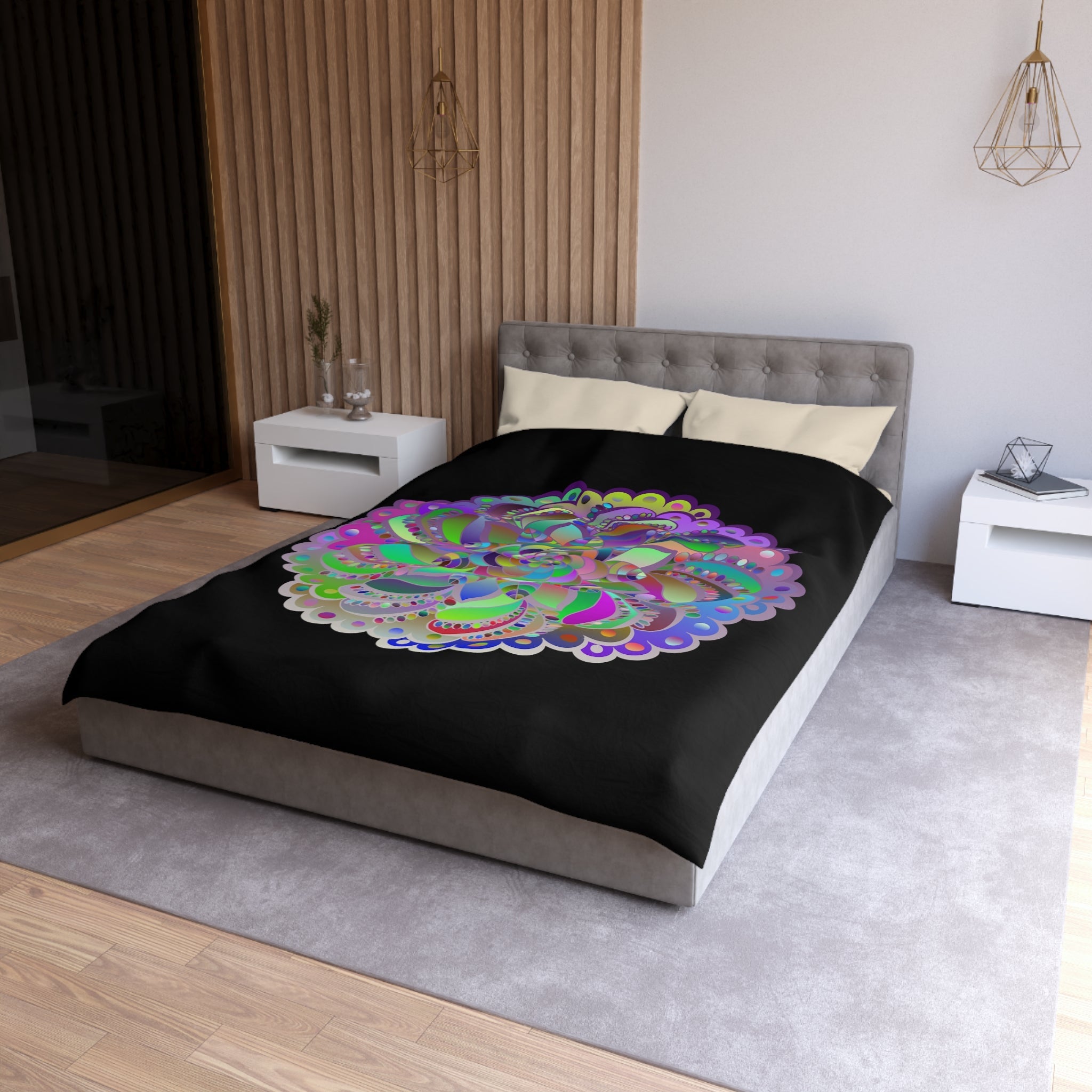 Microfiber Duvet Cover Mandala Art Drawn by Hand - Colorful Mandala on Black background - Blululi